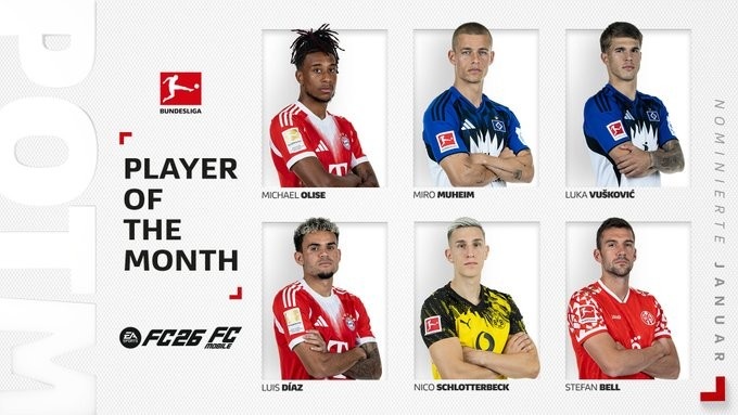 全球电竞-德甲1月最佳球员候选：奥利塞、迪亚斯领衔，汉堡2人入选